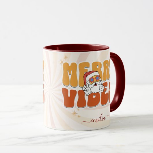 Bruine Retro 70s Thema Merry Vibes Aangepaste naam Mok (Voorkant rechts)