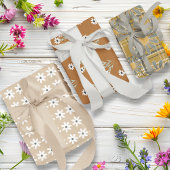 Bruine Retro Daisy Bloemen set van 3 Inpakpapier Vel