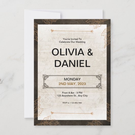 Bruine  Retro Huwelijksuitnodiging Kaart (Voorkant)