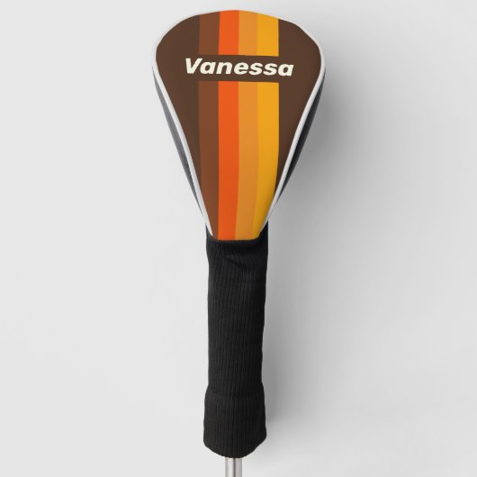 Bruine Retro Pin Strepen met Naam Golfheadcover (Voorkant)