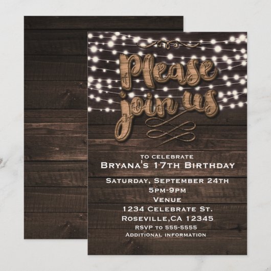 Bruine Roestige Houten & Witte Lichtjes Uitnodigin Kaart (Voorkant / Achterkant)