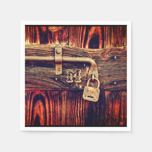 Bruine roestige houtnerf antieke messing slot servet (Voorkant)