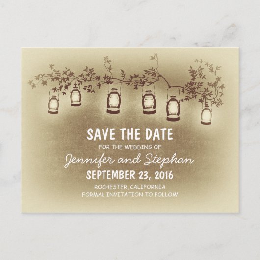 Bruine romantische nachtlampjes-lantaarns Bewaar d Aankondigingskaart (Voorkant)