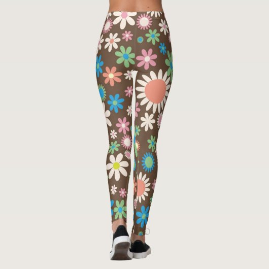Bruine, roze en blauwe retro Flowers Leggings (Achterkant)