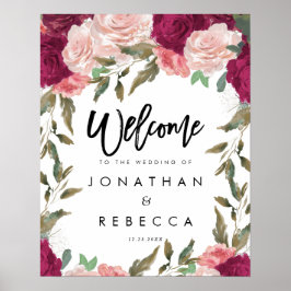bruine roze floralen bruiloft welkomstteken poster