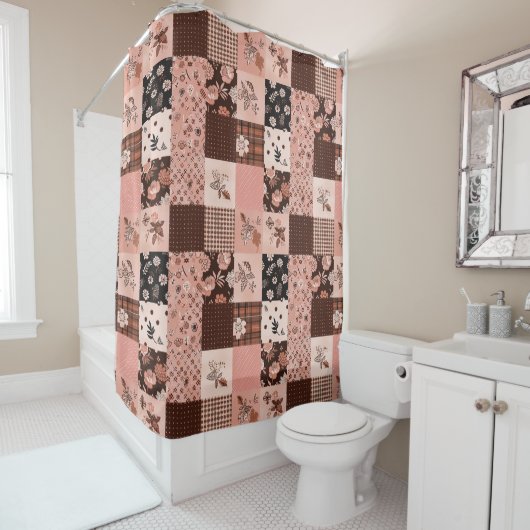 Bruine Roze Patchwork Dekbed Bloem Motief Retro Douchegordijn (In situ)