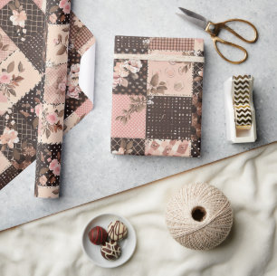 Bruine Roze Quilt Gingham Cottagecore Bloem Cadeaupapier