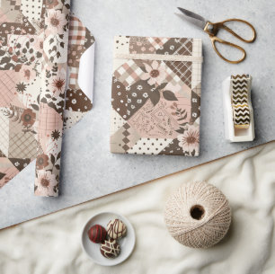 Bruine Roze Quilt Gingham Cottagecore Bloem Cadeaupapier