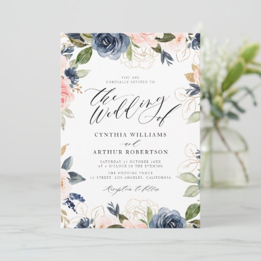 bruine roze roze rozen huwelijksuitnodiging kaart (Staand voorkant)