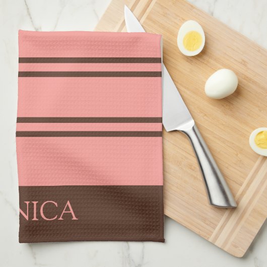 Bruine Roze Strepen monogram Naam Keukenhanddoeken (Quarter Fold)