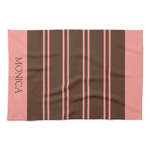 Bruine roze strepen script naam keuken handdoeken