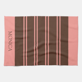 Bruine roze strepen script naam keuken handdoeken