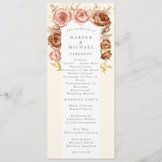 Bruine rozen gootsteenroze goudbruiloft programmakaart (Voorkant)