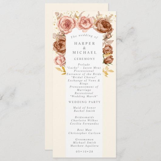 Bruine rozen gootsteenroze goudbruiloft programmakaart (Voorkant / Achterkant)