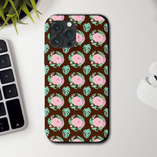 Bruine  Rozen, monstera en vetopatroon Case-Mate iPhone Case