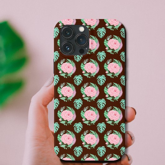 Bruine  Rozen, monstera en vetopatroon Case-Mate iPhone Case
