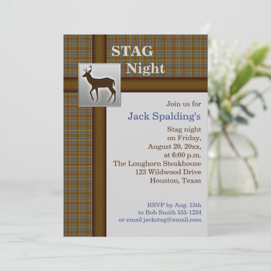 Bruine ruit, blauwe en zilveren herten uitnodiging (Staand voorkant)