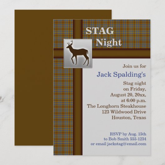 Bruine ruit, blauwe en zilveren herten uitnodiging (Voorkant / Achterkant)