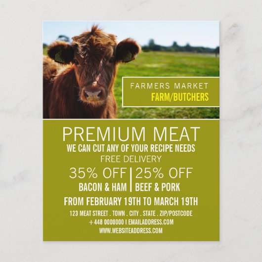 Bruine runderen, boer en slager Adverteren flyer (Voorkant)