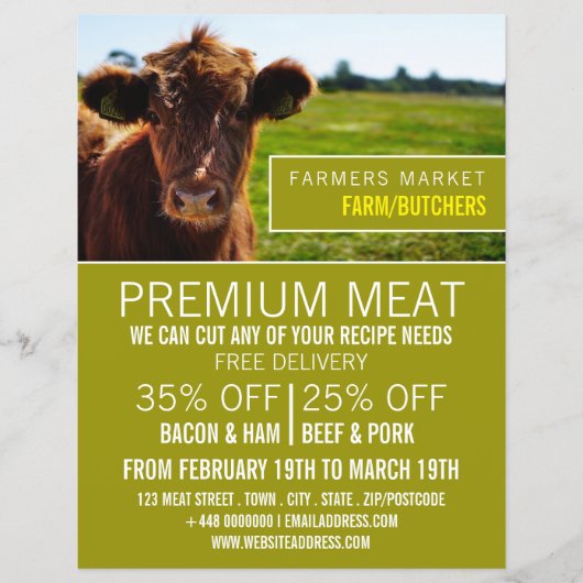 Bruine runderen, boer en slager Adverteren flyer (Voorkant)