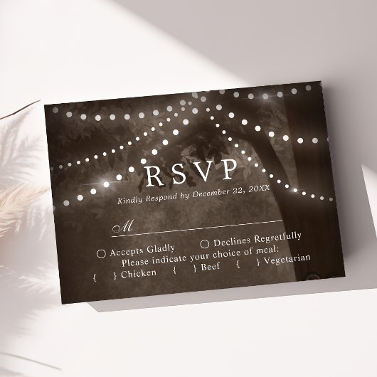 Bruine rustieke boom String Lights Bruiloft RSVP