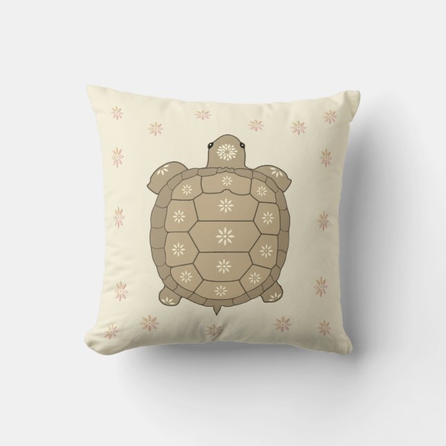 Bruine schildpad en bloemen op Champagne Beige Kussen (Voorkant)
