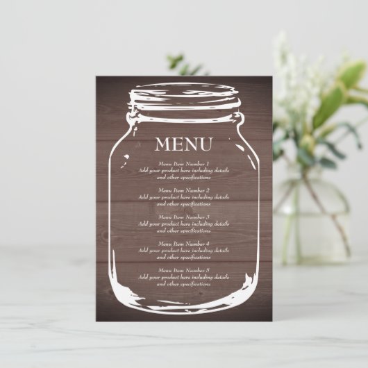 Bruine schuur hout mson potje bruiloft menu sjablo (Staand voorkant)