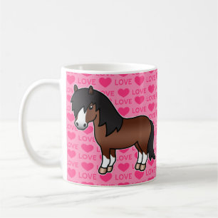 Bruine Shetlandpony Cartoon Illustratie Op Roze Koffiemok