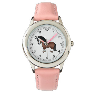 Bruine Shetlandpony Schattige Cartoon Illustratie Horloge