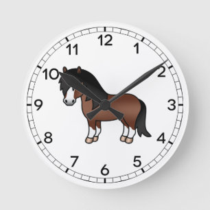 Bruine Shetlandpony Schattige Cartoon Illustratie Ronde Klok