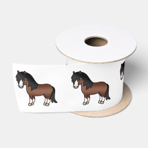 Bruine Shetlandpony Schattige Cartoon Illustratie Satijnen Lint