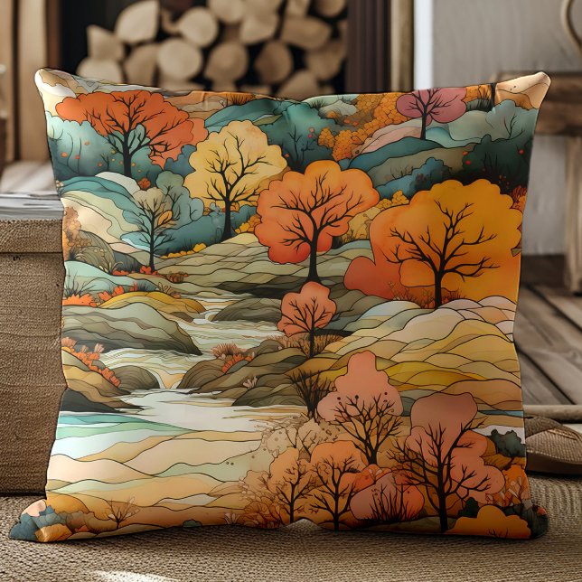 Bruine Sinaasappel Herfst Rivier Bomen Landschap Kussen (Orange, brown, teal trees and river decorator pillow)