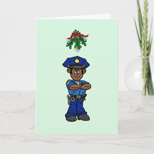 Bruine Skin Cop & Mistletoe Christmas Kaart (Voorkant)