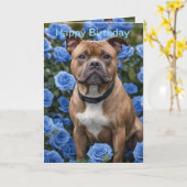 Bruine Staffy in Blue Roos Garden, Bday Kaart (Gele Bloem)