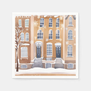 Bruine stenen huizen   Besneeuwde stadsstraat wate Servet