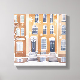 Bruine stenen huizen | Sneeuwige stadsstraat water Canvas Afdruk