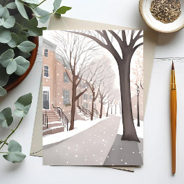 Bruine stenen straat | Sneeuwwinter waterverf Briefkaart