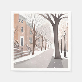 Bruine Stenenstraat | Sneeuwige Winter Aquarel Servet