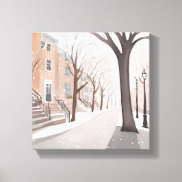 Bruine Stenenstraat | Sneeuwrijke Winter Aquarel Canvas Afdruk