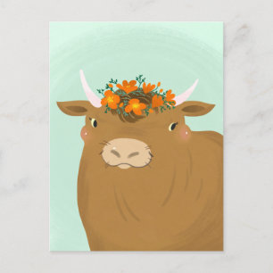 Bruine stier met bloemenkrans ansichtkaart briefkaart