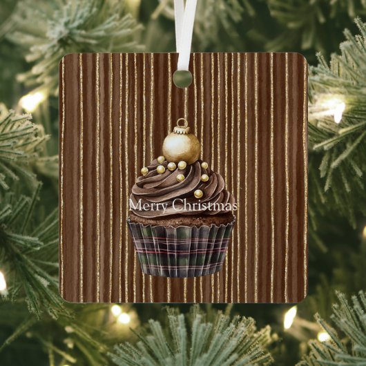 Bruine Strepen Gouden Ornament Kerst Cupcake (Insitu)
