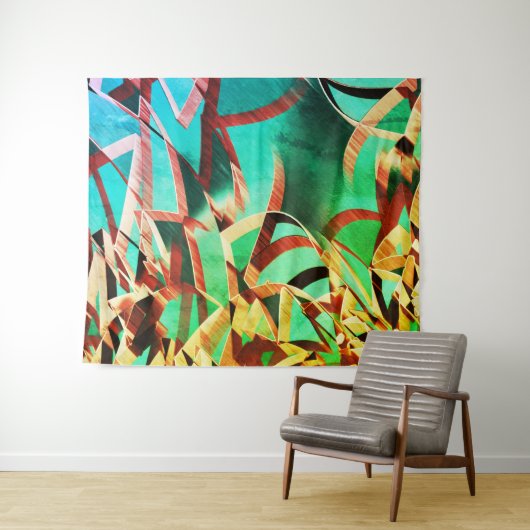 Bruine strepen over roestgroen en aquamarine wandkleed (In Situ (horizontaal))