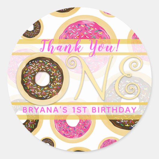 Bruine Strooide Donut Donuts Eén 1e Verjaardagsfee Ronde Sticker (Voorkant)