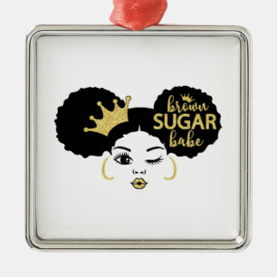 Bruine suikerbaby in zwart en goud metalen ornament