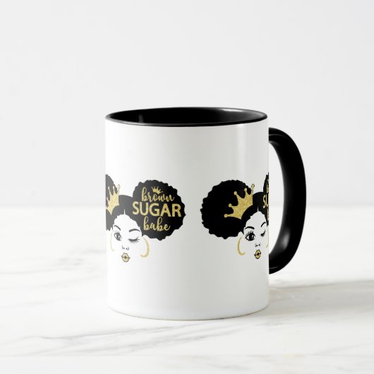 Bruine suikerbaby in zwart en goud mok (Voorkant rechts)