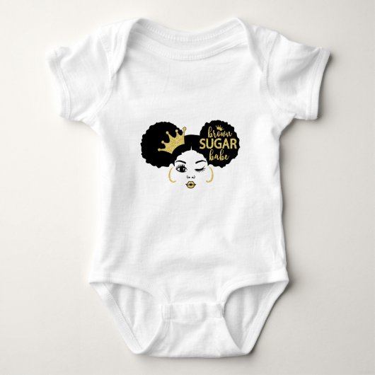 Bruine suikerbaby in zwart en goud romper (Voorkant)
