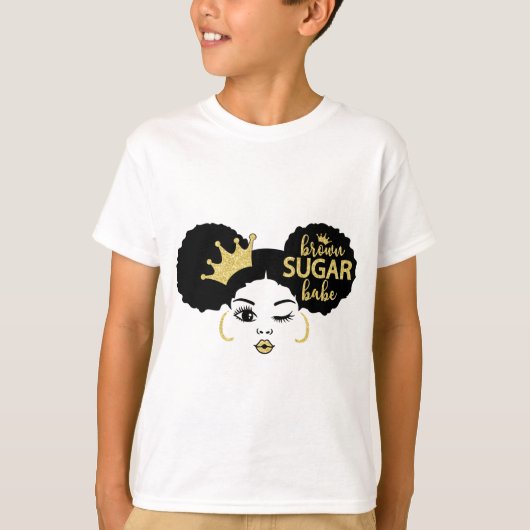 Bruine suikerbaby in zwart en goud t-shirt (Voorkant)