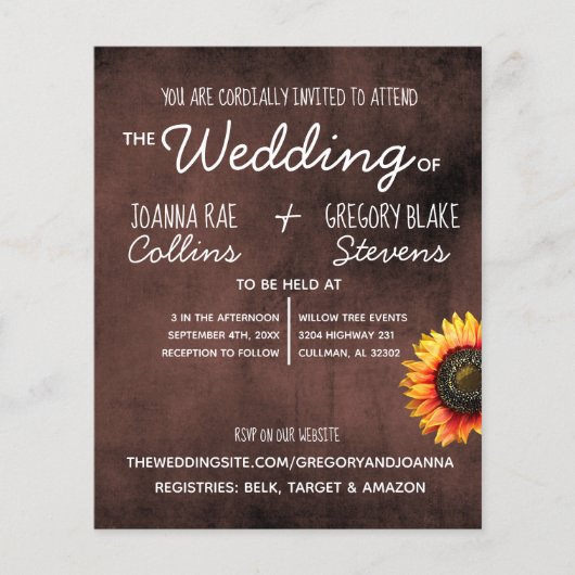 Bruine Sunflower Wedding Invitation Flyer (Voorkant)