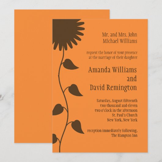 Bruine Sunflower Wedding Uitnodiging (Voorkant / Achterkant)