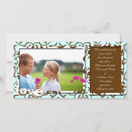 Bruine Swirl Damast & Gerbers op Blauwe Save The D Date (Voorkant)